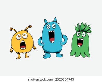 Cute cartoon Monsters with funny expressions. Set of cartoon monsters