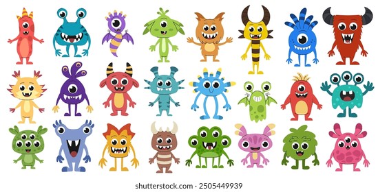 Cute cartoon monsters for halloween big set. Collection of fantasy creatures or aliens. Isolated on white background.