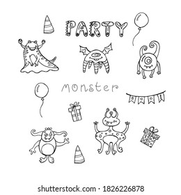 Cute cartoon monsters. Halloween comic monster characters. Funny and ugly and smiling creature flat vector set with gifts and balloons for party