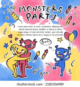 CUTE CARTOON MONSTERS INVITE Huggy Wuggy Birthday Party Hand Drawn Sketch With Funny Aliens And Handwriting Text Clipart Vector Illustration Set For Print