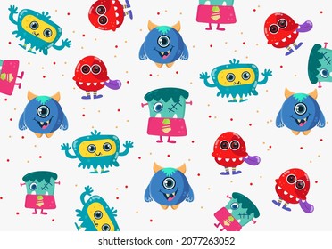 Cute cartoon monsters little funny alien mutant character seamless pattern illustration