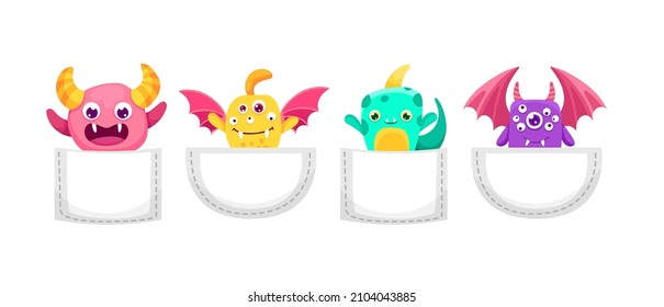Cute Cartoon monsters in pocket. Scary and funny creature set for Halloween design or t-shirt print. Vector flat colorful illustration