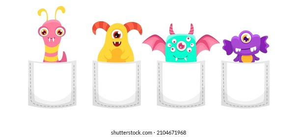 Cute Cartoon monsters in pocket. Scary and funny creature set for Halloween design or t-shirt print. Vector flat colorful illustration