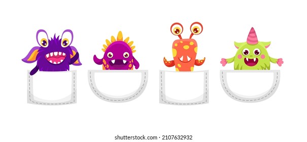 Cute Cartoon monsters in pocket. Scary and funny creature set for Halloween design or t-shirt print. Vector flat colorful illustration