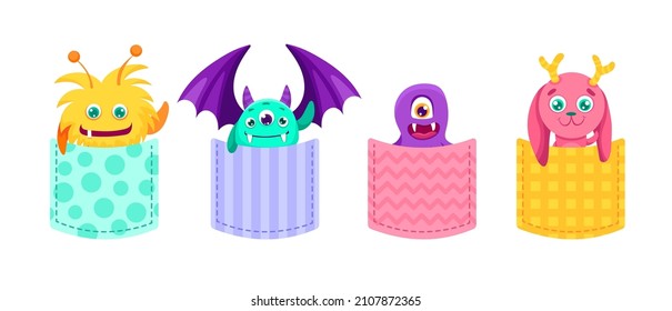 Cute Cartoon monsters in pocket. Scary and funny creature set for Halloween design or t-shirt print. Vector flat colorful illustration