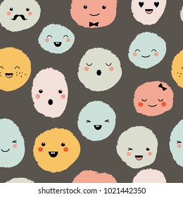Cute cartoon monsters seamless pattern. Funny happy smiley faces on dark background. Flat style vector illustration. Set of cute lovely emoticons. Doodle kawaii face, sweet and childlike manga style