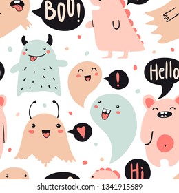 Cute cartoon monsters seamless pattern. Funny doodle characters and speech bubbles. Vector texture for kids clothes, shirt, fabric, textile, Halloween decoration. Flat colorful childish background