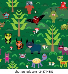Cute cartoon Monsters seamless pattern on green e background. vector