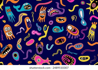  Cute cartoon monsters seamless pattern. Cosmic little aliens smile textile print design. Kids mutant fashion character trendy style vector illustration