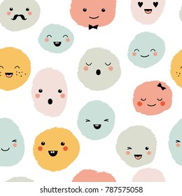 Cute cartoon monsters seamless pattern. Funny happy smiley faces. Flat style vector illustration. Set of cute lovely emoticons. Doodle kawaii face, sweet and childlike manga style