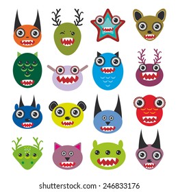 Cute cartoon Monsters Set. Big collection on white background. vector