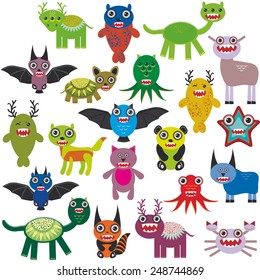 Cute cartoon Monsters Set. Big collection on white background. Vector