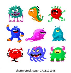 Cute Cartoon Monsters Set. Comic Halloween Joyful Characters, Funny Devil, Ugly Alien and Smile Creatures Isolated on White Background. Mutants, Germs and Bacteria. Cartoon Vector Illustration