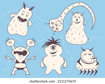 Cute cartoon monsters set. Funny monsters vector illustration for kids. 