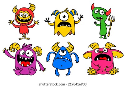 Cute cartoon Monsters. Set of cartoon monsters: goblin or troll, cyclops, ghost,  monsters and aliens. Halloween design. Vector illustration