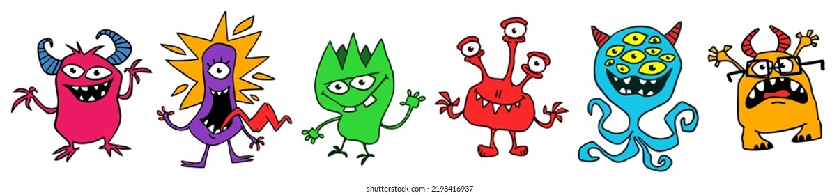 Cute cartoon Monsters. Set of cartoon monsters: goblin or troll, cyclops, ghost,  monsters and aliens. Halloween design. Vector illustration