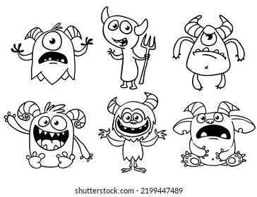 Cute cartoon Monsters. Set of cartoon monsters: goblin or troll, cyclops, ghost,  monsters and aliens. Outlined illustration for coloring book