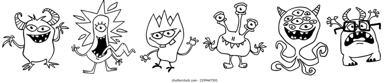 Cute cartoon Monsters. Set of cartoon monsters: goblin or troll, cyclops, ghost,  monsters and aliens. Outlined illustration for coloring book