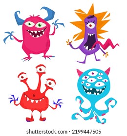 Cute cartoon Monsters. Set of cartoon monsters: goblin or troll, cyclops, ghost,  monsters and aliens. Halloween design. Vector illustration