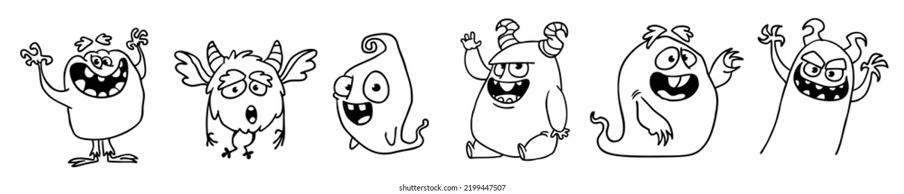 Cute cartoon Monsters. Set of cartoon monsters: goblin or troll, cyclops, ghost,  monsters and aliens. Outlined illustration for coloring book