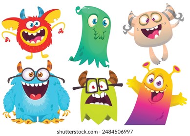 Cute cartoon Monsters. Set of cartoon monsters: goblin, ghost, troll, monster, yeti and alien . Halloween design. Vector illustration.