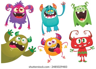 Monstruos de dibujos animados lindos. Conjunto de monstruos de dibujos animados: duende, fantasma, troll, monstruo, yeti y alienígena . Diseño de Halloween. Ilustración vectorial.