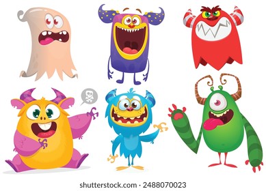 Cute cartoon Monsters. Set of cartoon monsters: goblin, ghost, troll, monster, yeti and alien . Halloween design. Vector illustration.