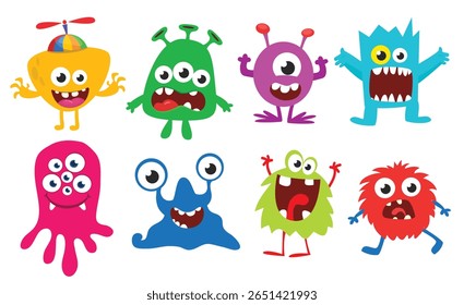 Cute cartoon Monsters. Set of cartoon monsters: goblin, ghost, troll, monster, yeti and alien . Halloween design. Vector illustration isolated