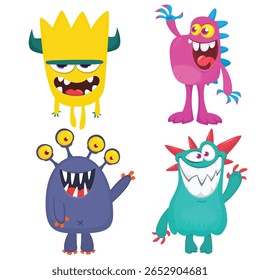 Monstros bonitos de desenhos animados. Conjunto de monstros de desenhos animados: duende, fantasma, troll, monstro, yeti e alienígena . Design de Halloween. Ilustração vetorial isolada