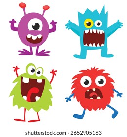 Monstros bonitos de desenhos animados. Conjunto de monstros de desenhos animados: duende, fantasma, troll, monstro, yeti e alienígena . Design de Halloween. Ilustração vetorial isolada
