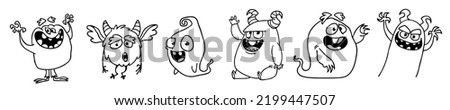 Cute cartoon Monsters. Set of cartoon monsters: goblin or troll, cyclops, ghost,  monsters and aliens. Outlined illustration for coloring book
