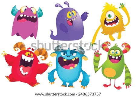 Cute cartoon Monsters. Set of cartoon monsters: goblin, ghost, troll, monster, yeti and alien . Halloween design. Vector illustration.