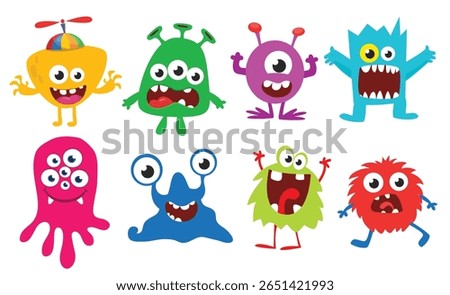 Cute cartoon Monsters. Set of cartoon monsters: goblin, ghost, troll, monster, yeti and alien . Halloween design. Vector illustration isolated