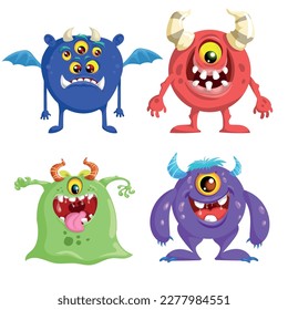 Cute cartoon Monsters set. Goblins, trolls and aliens. Halloween and birthday party characters. Vector illustrations collection.