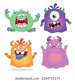 Cute cartoon Monsters set. Goblins, trolls and aliens. Halloween and birthday party characters. Vector illustrations collection.