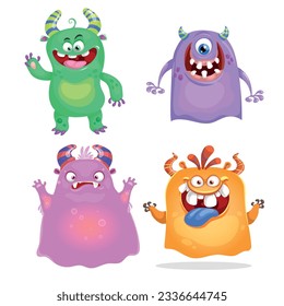 Cute cartoon Monsters set. Goblins, trolls and aliens. Halloween and birthday party characters. Vector illustrations collection.