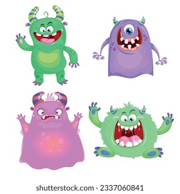 Cute cartoon Monsters set. Goblins, trolls and aliens. Halloween and birthday party characters. Vector illustrations collection.