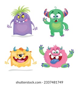 Cute cartoon Monsters set. Goblins, trolls and aliens. Halloween and birthday party characters. Vector illustrations collection.