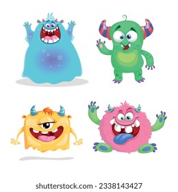 Cute cartoon Monsters set. Goblins, trolls and aliens. Halloween and birthday party characters. Vector illustrations collection.