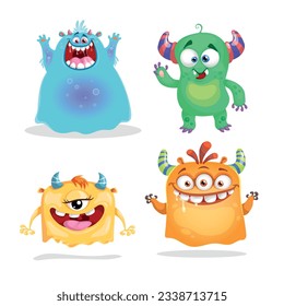 Cute cartoon Monsters set. Goblins, trolls and aliens. Halloween and birthday party characters. Vector illustrations collection.