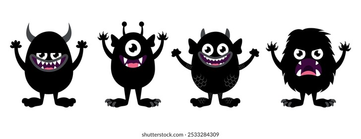 Cute cartoon monsters set isolated on white background. Funny black creatures in childish style. Vector illustration