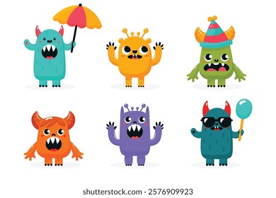 cute cartoon monsters set isolated on white background flat vector illustration