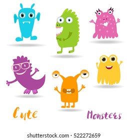 Cute Cartoon Monsters set. Kids illustration. Boy and girl clothing, textile, posters, books and notebooks design  elements
