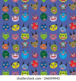 Cute cartoon Monsters Set on blue background. seamless pattern vector