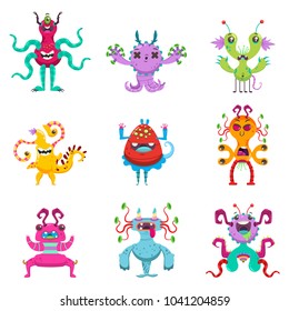 Cute cartoon monsters set. Vector flat character of funny creatures isolated on white background.
