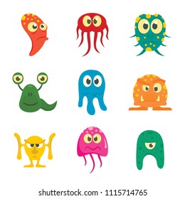 Cute cartoon monsters set, vector funny characters with spooky eyes on white background. Alien toy for kids