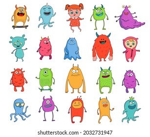 Cute cartoon Monsters set. Vector monsters isolated on white background