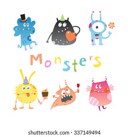  Cute cartoon monsters set. Vector image.