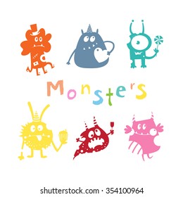  Cute cartoon monsters set. Vector image.