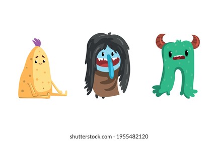 Cute Cartoon Monsters with Smiling Faces and Funky Shapes Vector Set